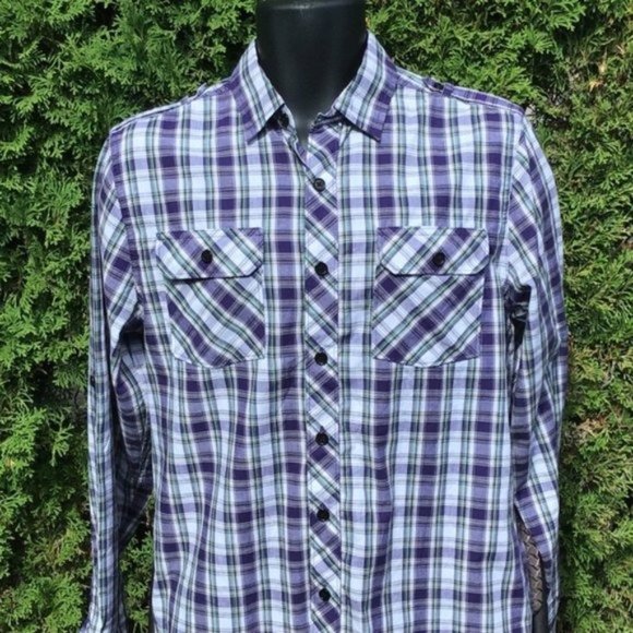 Plaid Purple green Button up Dress Shirt Sz. Small - Picture 1 of 4